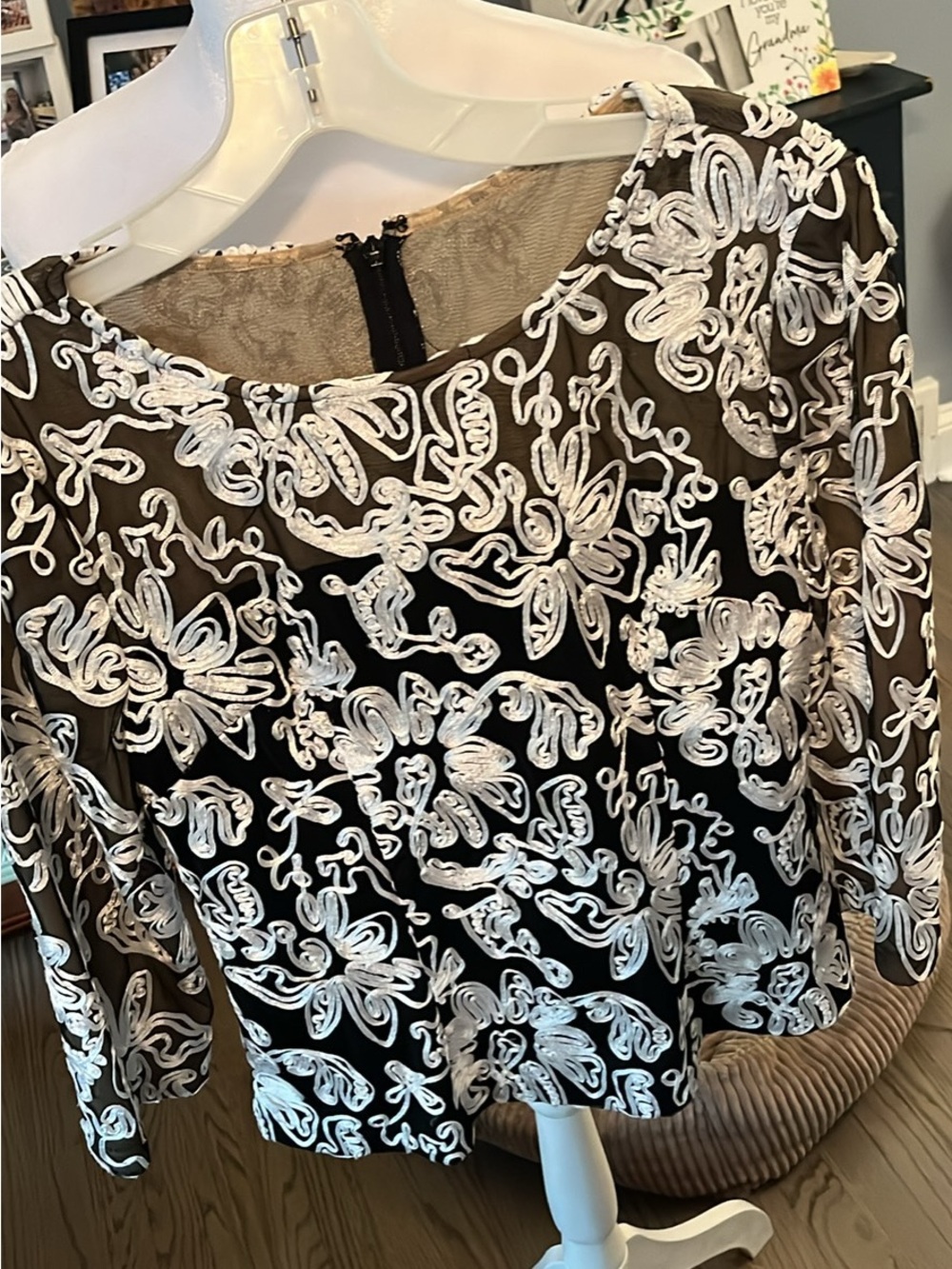 Alex Evenings Black Blouse with White Embroidered Appliqué